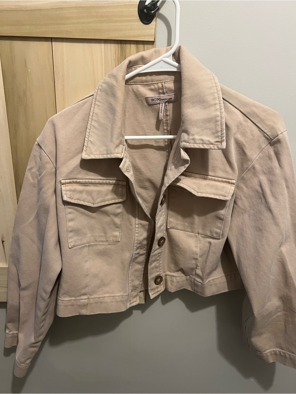 BCBGeneration Cropped Beige Utility Jean Jacket